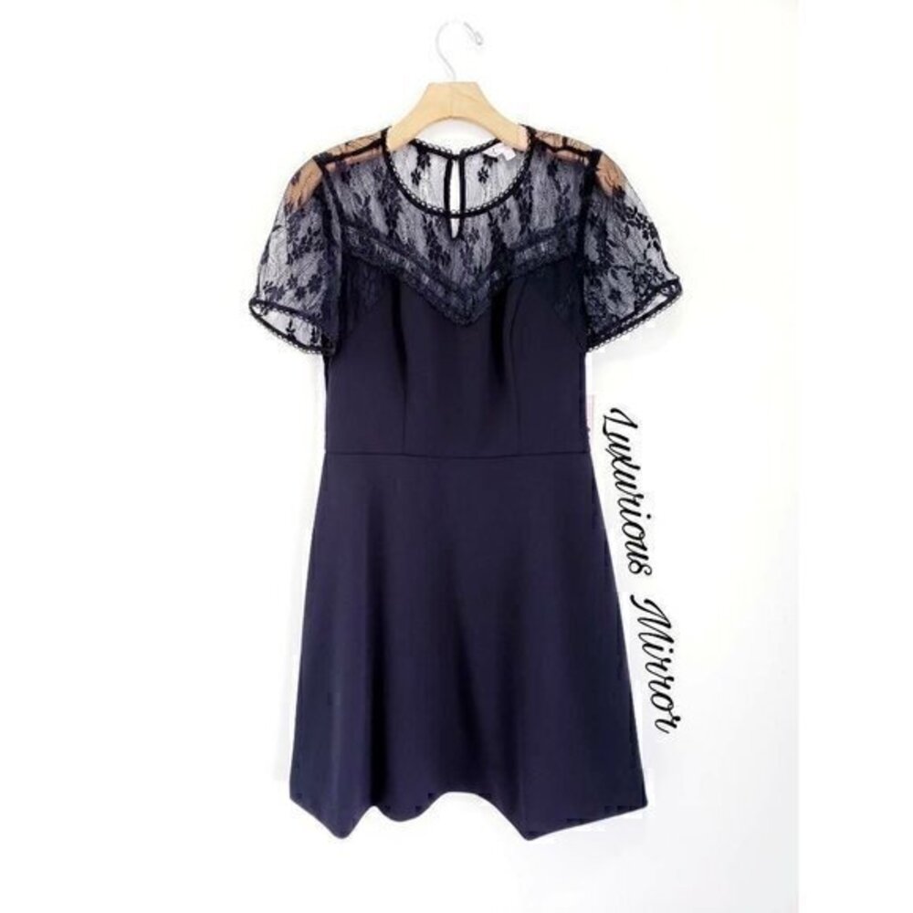 Nanette Lepore Lace Womens Black Floral Dress Fit & Flare Stretch Keyhole 4 New